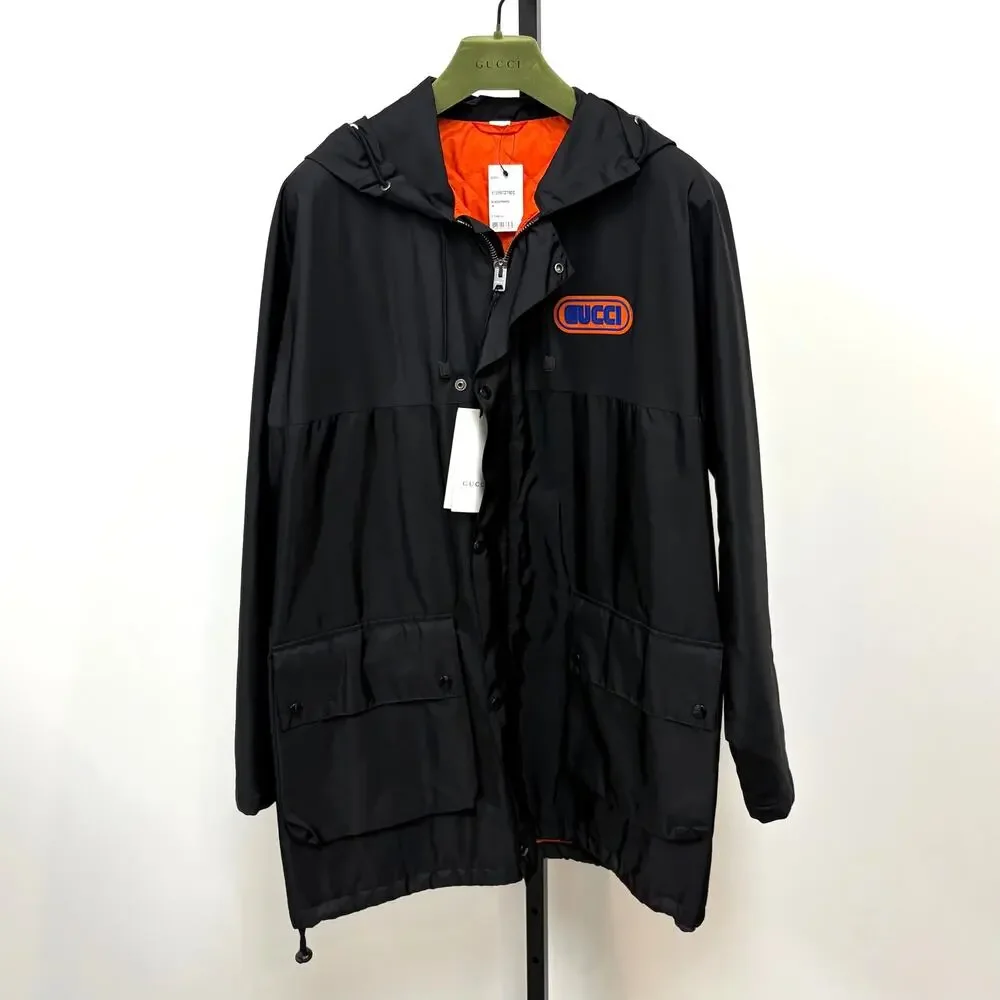 GUCCI Sega Pool Patch Black Nylon Rain Coat 48 NEW Orange Knicks Hooded Jacket